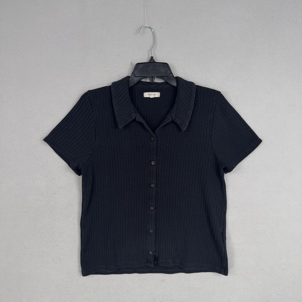 Madewell Shirt Womens Large Black Short Sleeve Ribbed Knit Polo Button Front Top - Picture 2 of 14